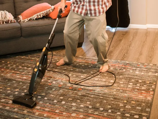 A person vacuuming a carpet