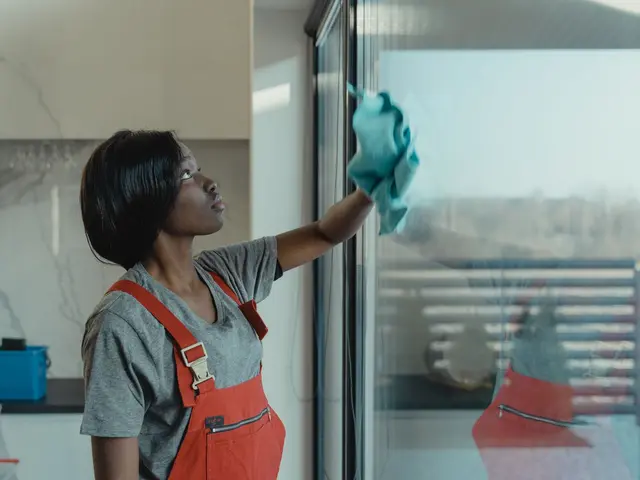 A cleaner wiping a glass window